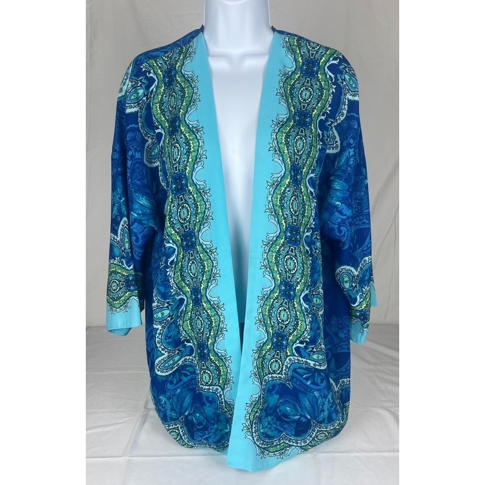 CHICOS S/M BLUE PAISLEY KIMONO CARDIGAN OPEN FRONT LIGHTWEIGHT BOHO COVER UP‎